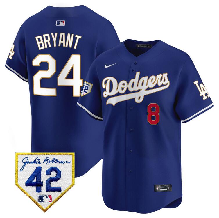 Men's Royal Los Angeles Dodgers Front #8 Back #24 Kobe Bryant With Jackie Robinson Patch Limited Stitched Baseball Jersey